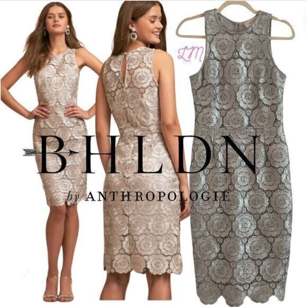 Anthropologie NWOT BHLDN Emmeline Lace Midi Dress Size 6 SIlver
